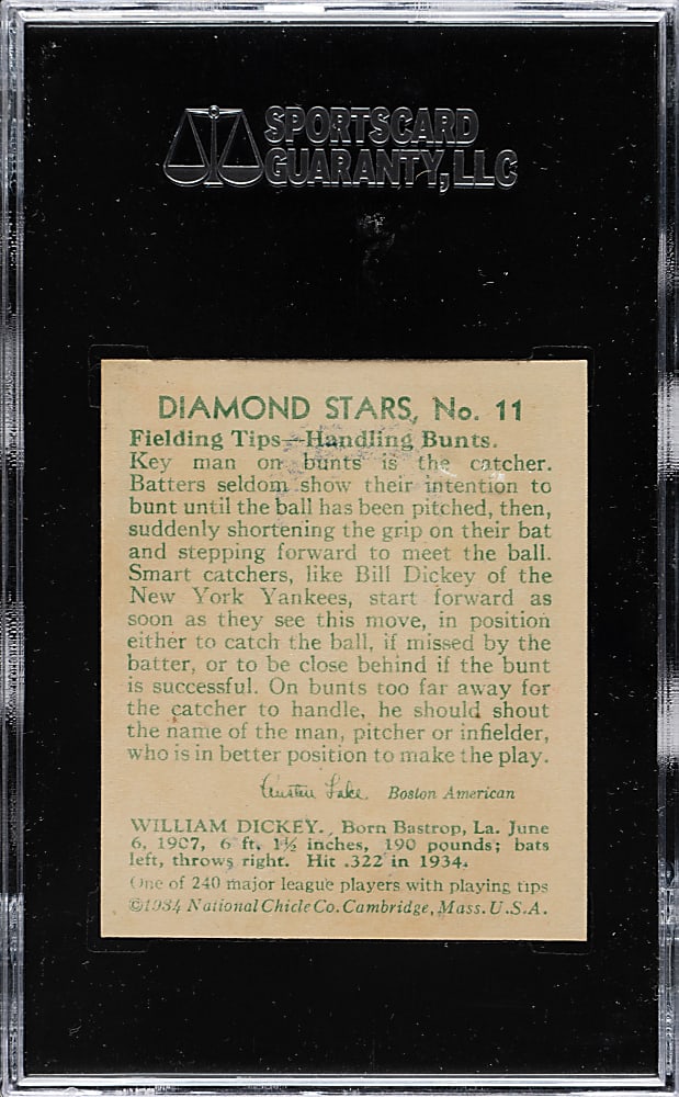 1934-1936 R327 Diamond Stars #11 Bill Dickey (1935 Green Back) SGC NM 84