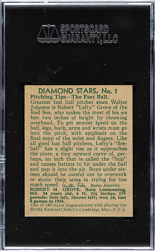 1934-1936 R327 Diamond Stars #1 Lefty Grove (1934 Green Back) SGC VG 3