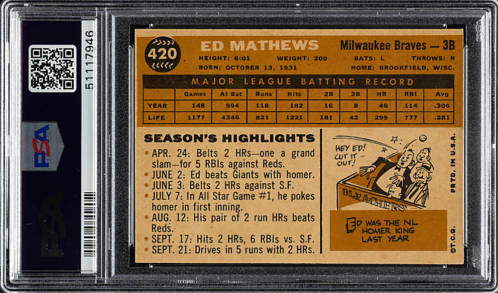 1960 Topps #420 Ed Mathews PSA MINT 9 - Highest Graded!