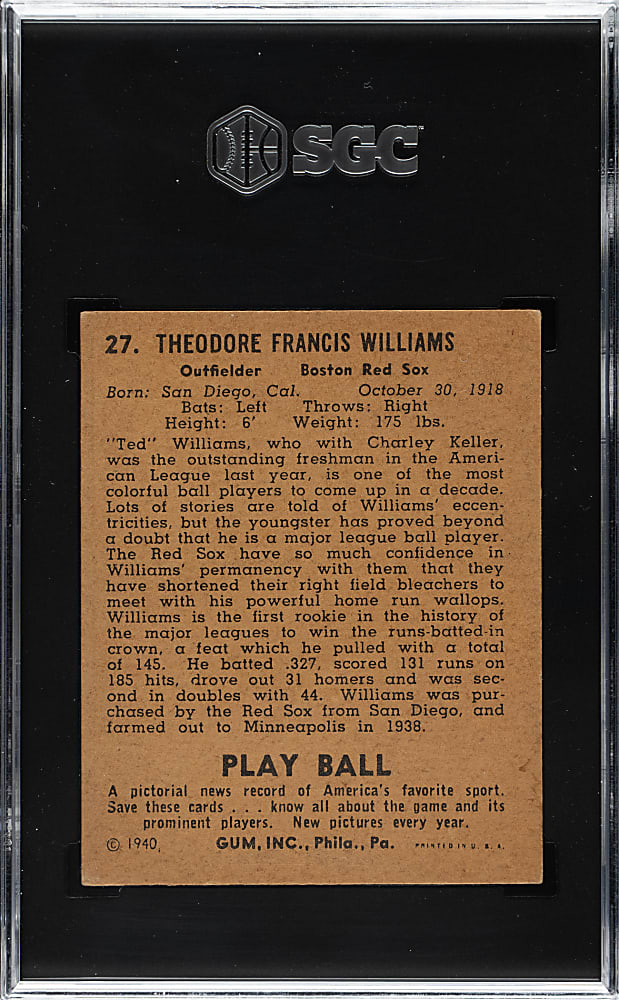 1940 R335 Play Ball #27 Ted Williams SGC VG/EX+ 4.5