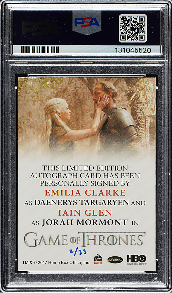 2024 Game of Thrones Legends of the Realm Autographs Emilia Clarke/Iain Glen PSA MINT 9 with GEM MINT 10 Signature