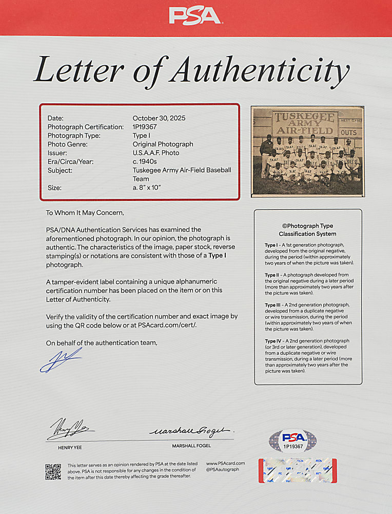 Circa 1940s Tuskegee Army Air-Field Baseball Team Original U.S.A.A.F. Photograph PSA/DNA Type I