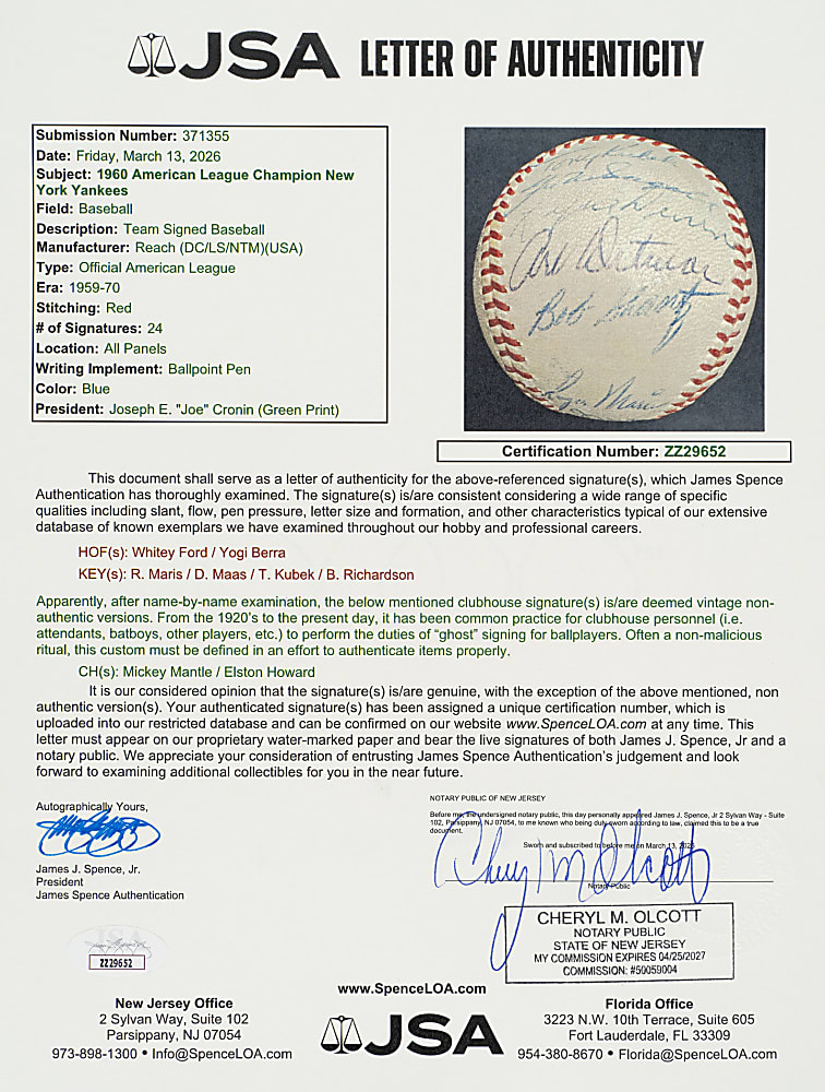 1960 New York Yankees American League Champions Team-Signed Baseball with Roger Maris and Yogi Berra - JSA