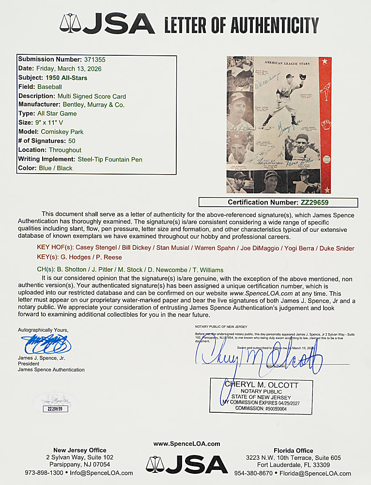 1950 All-Star Game Multi-Signed Program (50 Signatures) with DiMaggio, Stengel, Doby, and Hodges - JSA