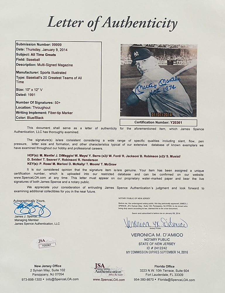 1991 "Sports Illustrated Presents Baseball's 20 Greatest Teams of All Time" Multi-Signed Magazine (98 Signatures) with Mantle "HOF 1974" Inscription, Mays, and DiMaggio - JSA