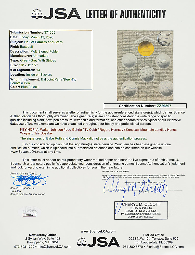 Hall of Famers and Stars Multi-Signed Baseball Display with Gehrig, Wagner, Cobb, Johnson, and Speaker - JSA
