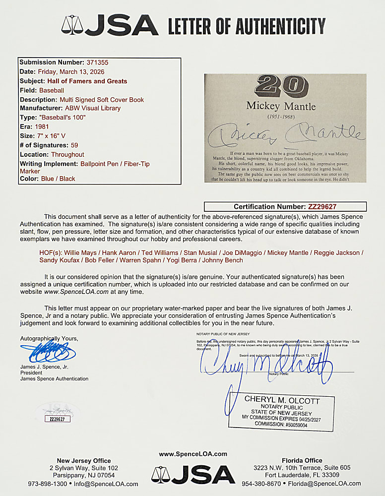 1981 "Baseball's 100" Multi-Signed Book (59 Signatures) with Mantle, Aaron, Koufax, Mays, T. Williams, and DiMaggio - JSA