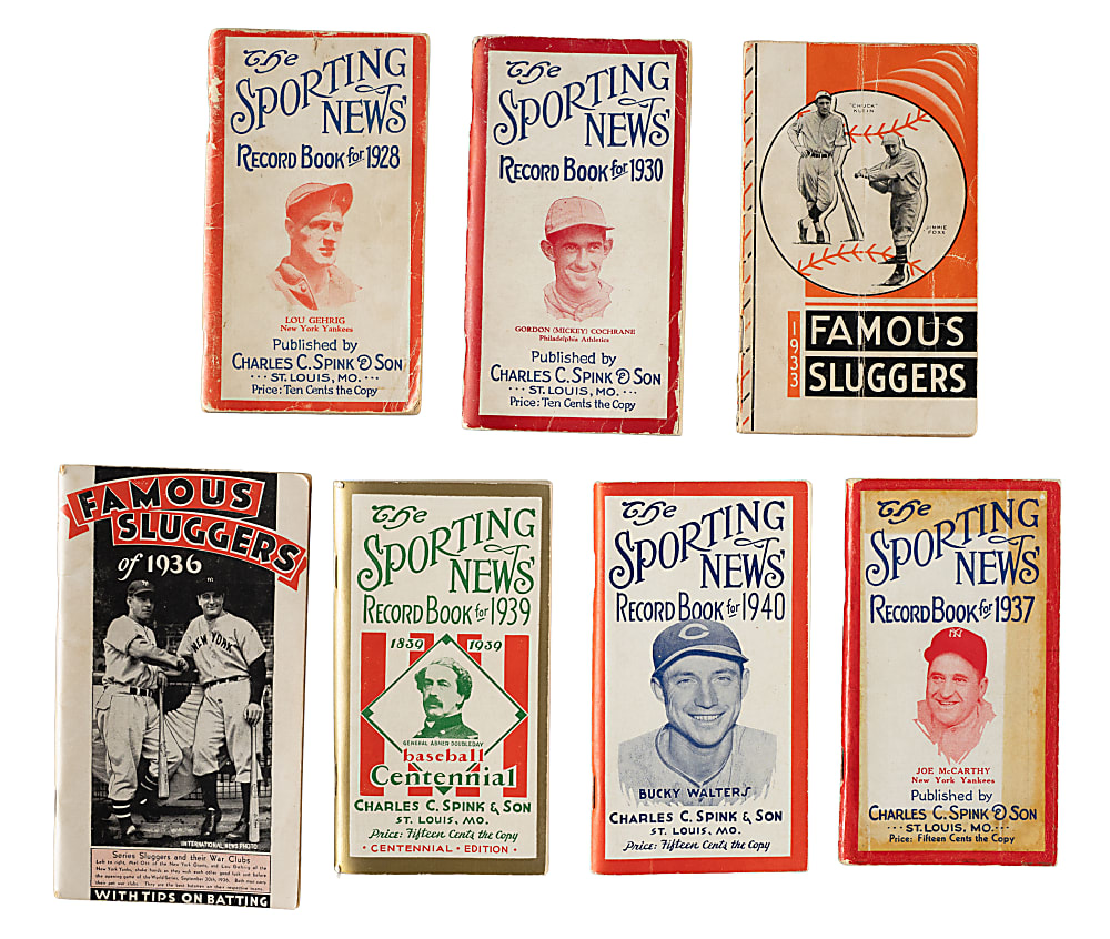 1928 to 1940 The Sporting News Record Book and Hillerich & Bradsby Famous Sluggers Book Collection (7) Including Gehrig, Foxx, and Ott on Covers