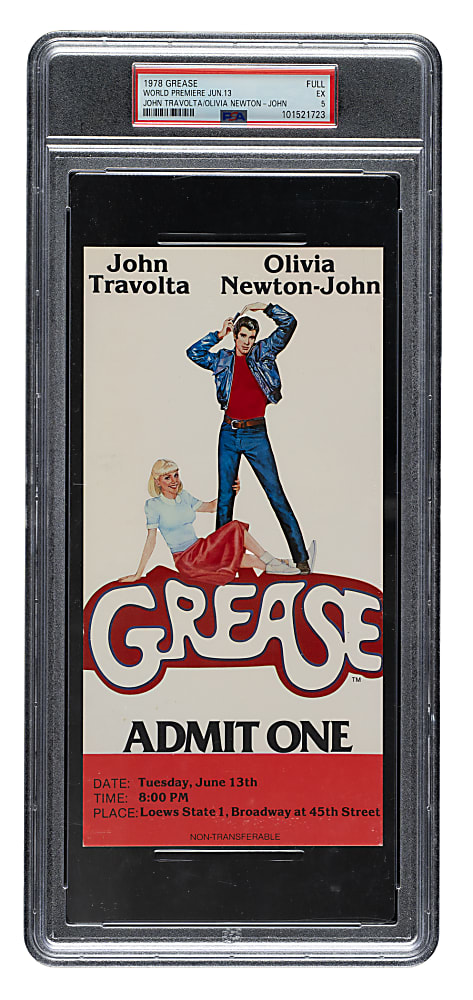 June 13, 1978 Grease World Premiere Full Ticket PSA EX 5 - John Travolta and Olivia Newton-John - The ONLY Graded Example!