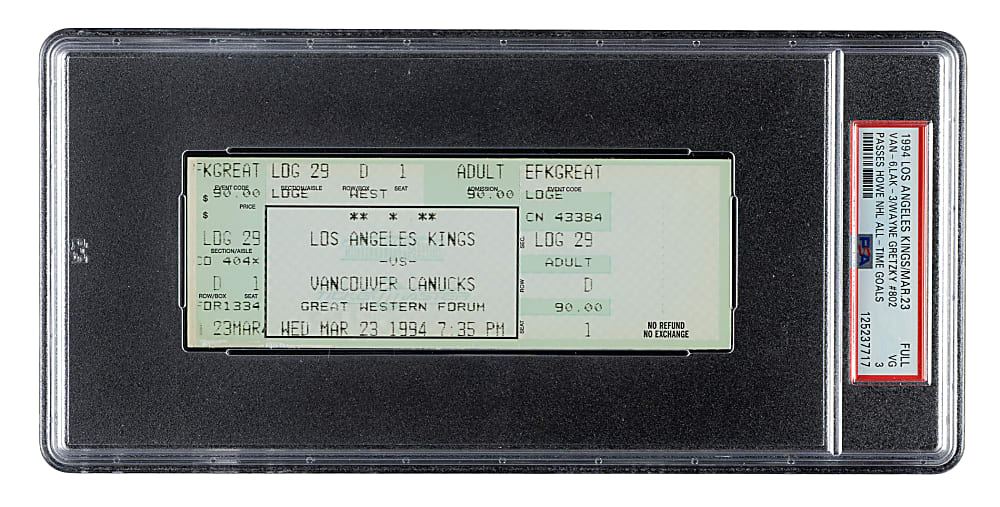 March 23, 1994 Los Angeles Kings (vs. Vancouver Canucks) Full Ticket PSA VG 3 - Wayne Gretzky Goal #802 Passes Howe All-Time Goals