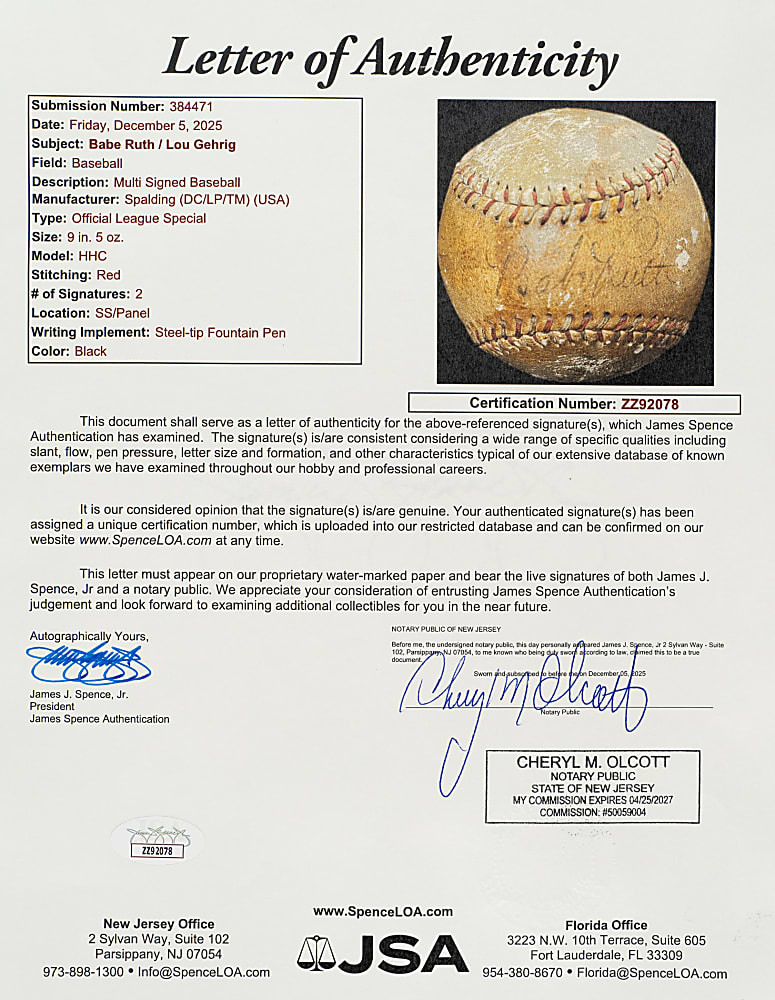 Babe Ruth and Lou Gehrig Dual-Signed Baseball - JSA