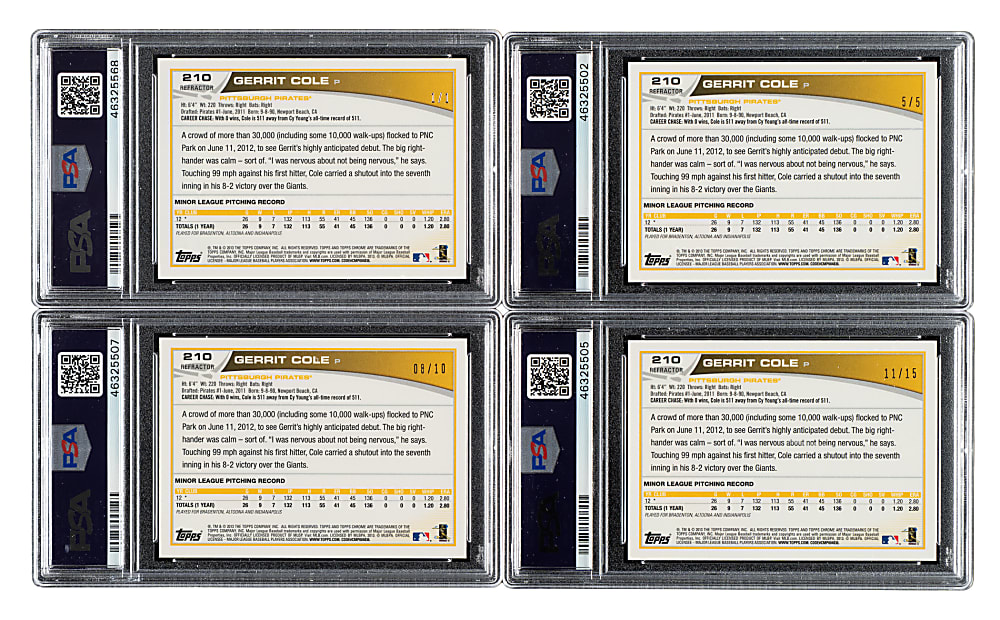 2013 Topps Chrome #210 Gerrit Cole Rookie Rainbow PSA-Graded Collection (15) Including 1/1 Superfractor