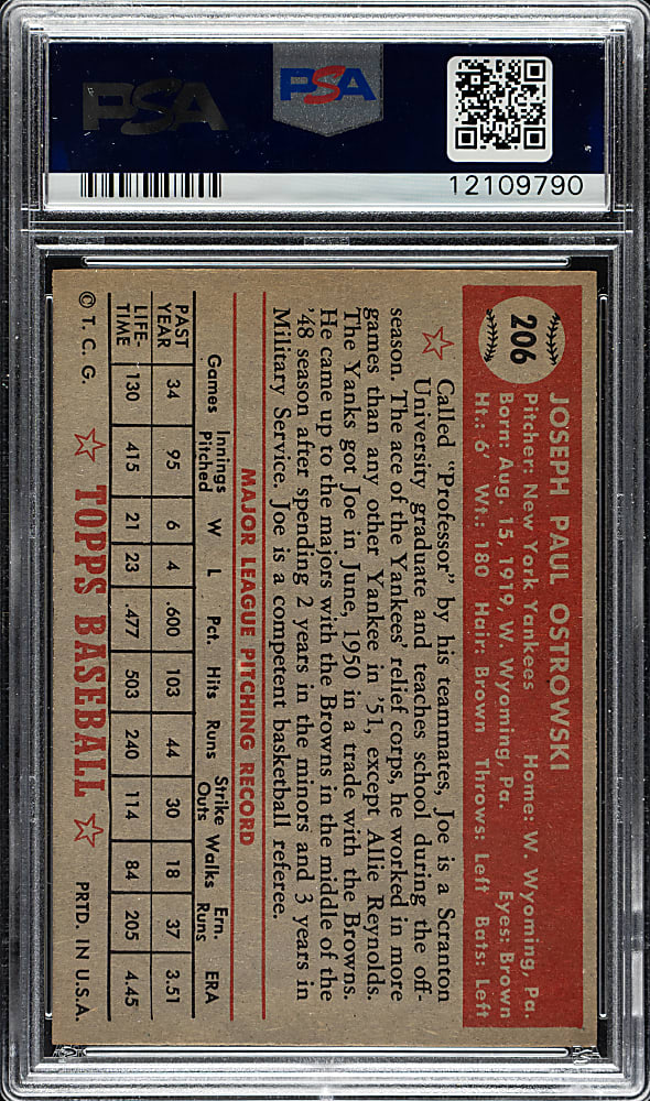 1952 Topps #206 Joe Ostrowski PSA MINT 9