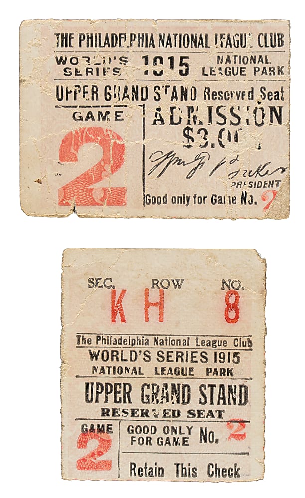 1915 Boston Red Sox (vs. Philadelphia Athletics) World Series Game 2 Ticket Stub Pair - Babe Ruth's First World Series