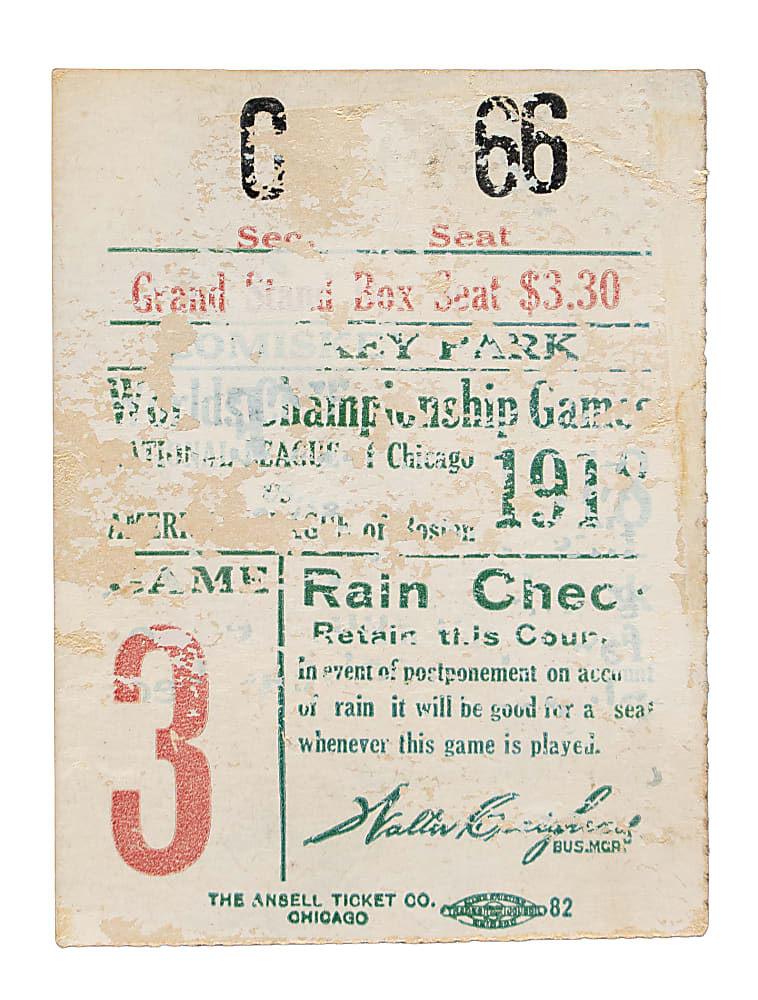 1918 Chicago Cubs (vs. Boston Red Sox) World Series Game 3 Ticket Stub