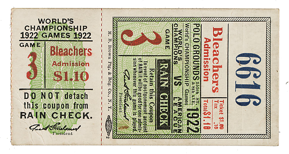 1922 New York Giants (vs. New York Yankees) World Series Game 3 Ticket Stub