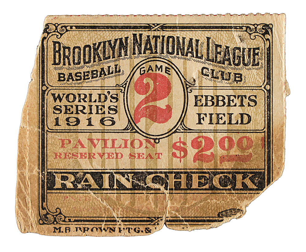 1916 Brooklyn Robins (vs. Boston Red Sox) World Series Game 4 Ticket Stub - Dutch Leonard vs. Rube Marquard