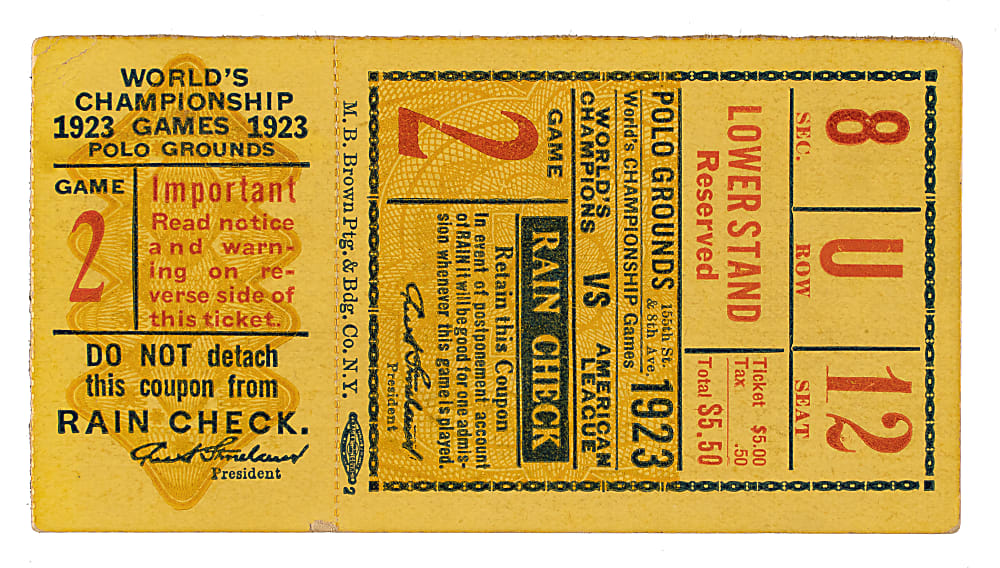 1923 New York Giants (vs. New York Yankees) World Series Game 2 Ticket Stub