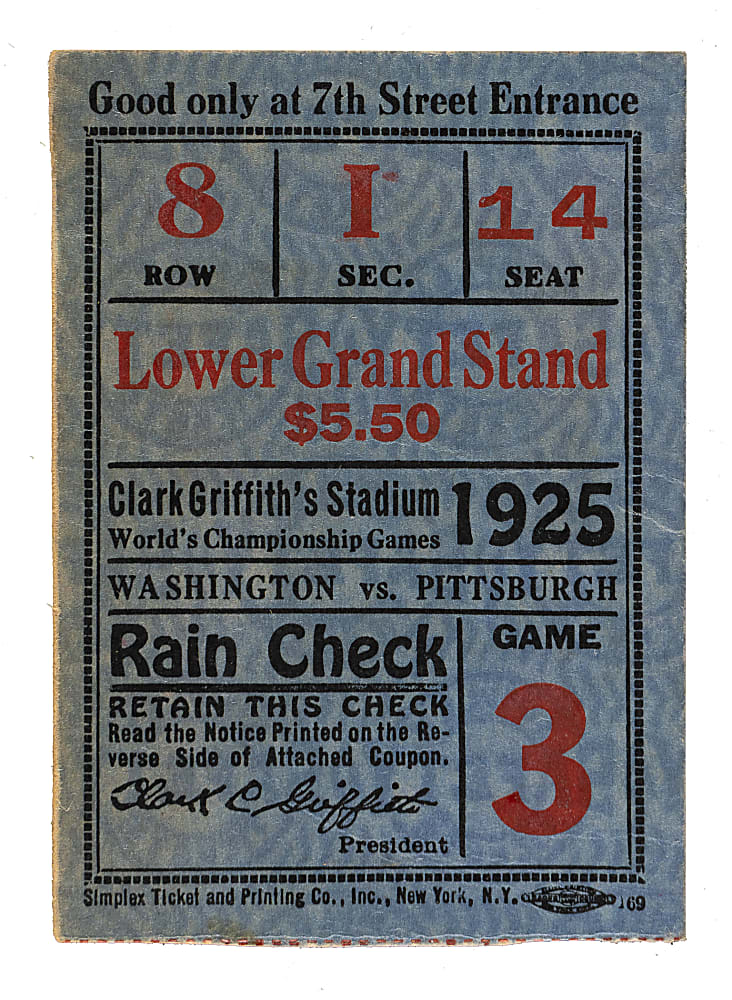 1925 Washington Senators (vs. Pittsburgh Pirates) World Series Game 3 Ticket Stub