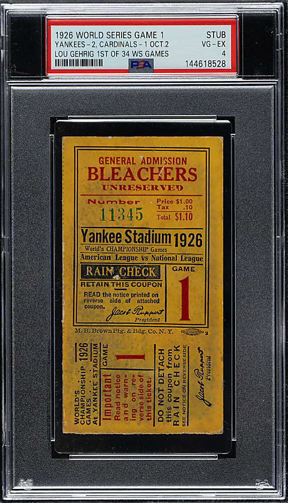 1926 New York Yankees (vs. St. Louis Cardinals) World Series Game 1 Ticket Stub PSA VG-EX 4 - Lou Gehrig's First World Series Game and Hit
