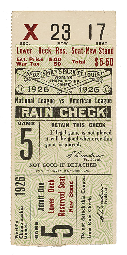 1926 St. Louis Cardinals (vs. New York Yankees) World Series Game 5 Ticket Stub - Tony Lazzeri Game-Winning RBI