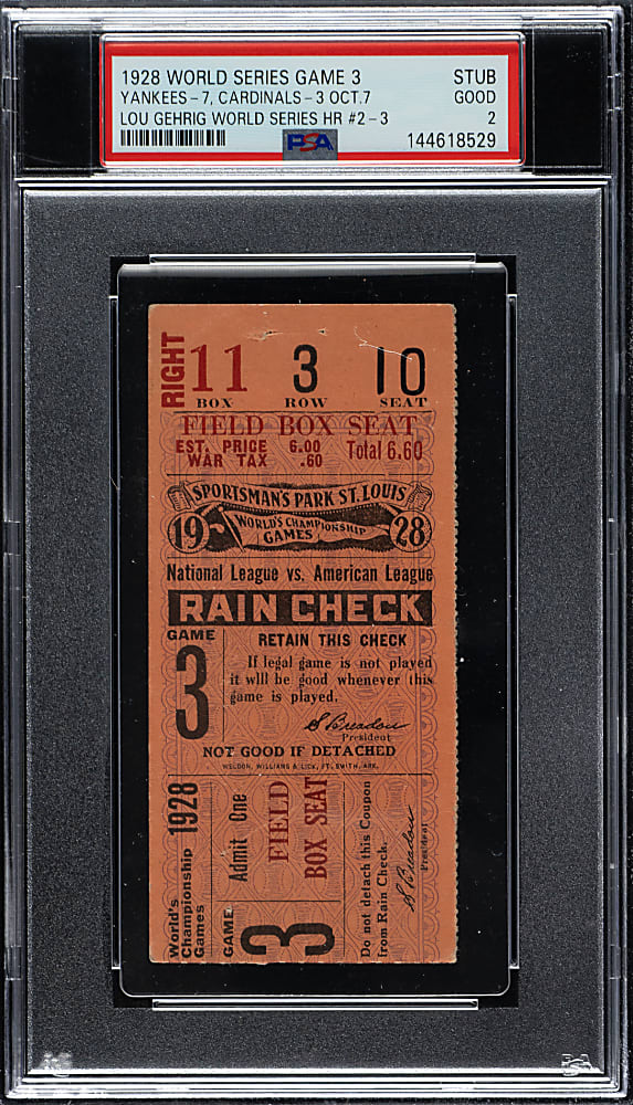1928 St. Louis Cardinals (vs. New York Yankees) World Series Game 3 Ticket Stub PSA GOOD 2 - Lou Gehrig Hits Two Home Runs