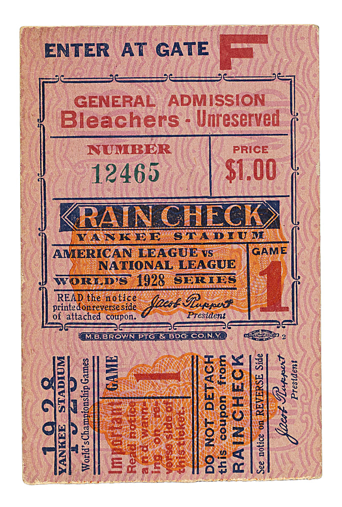 1928 New York Yankees (vs. St. Louis Cardinals) World Series Game 1 Ticket Stub - Lou Gehrig Two Hits and Babe Ruth Three Hits