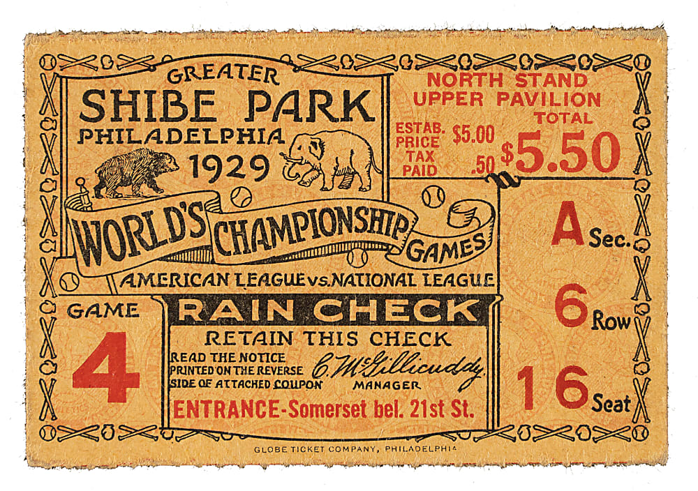 1929 Philadelphia Athletics (vs. Chicago Cubs) World Series Game 4 Ticket Stub - "Mack Attack" Game