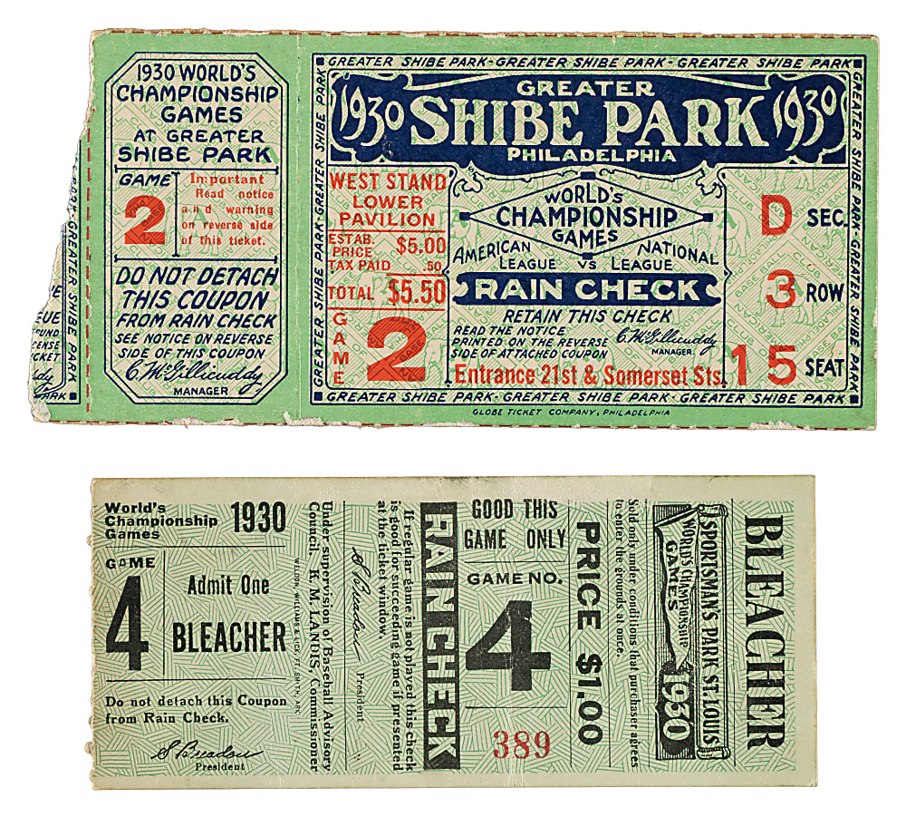 1930 Philadelphia Athletics vs. St. Louis Cardinals World Series Game 2 and 4 Ticket Stub Pair