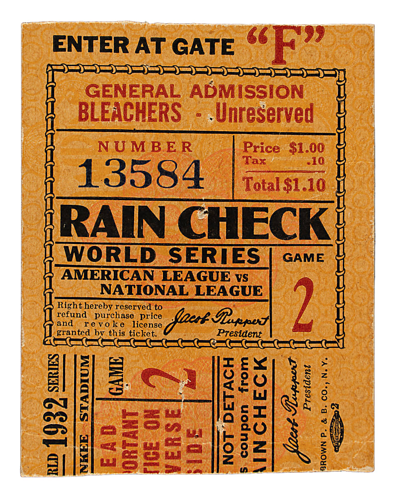 1932 New York Yankees (vs. Chicago Cubs) World Series Game 2 Ticket Stub - Babe Ruth's Final World Series Game at Yankee Stadium