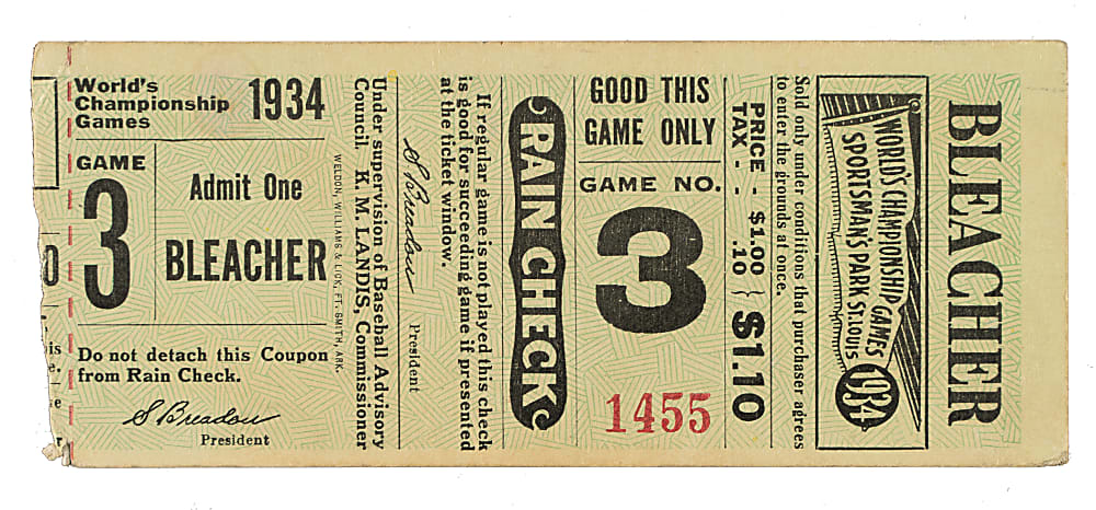 1934 St. Louis Cardinals (vs. Detroit Tigers) World Series Game 3 Ticket Stub