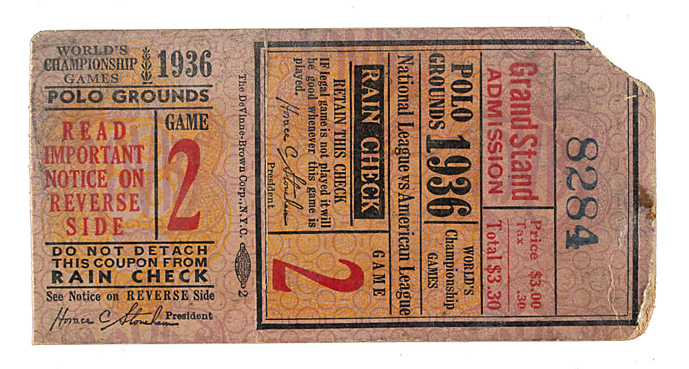 1936 New York Giants (vs. New York Yankees) World Series Game 2 Ticket Stub - Bill Dickey and Tony Lazzeri Five RBI Each