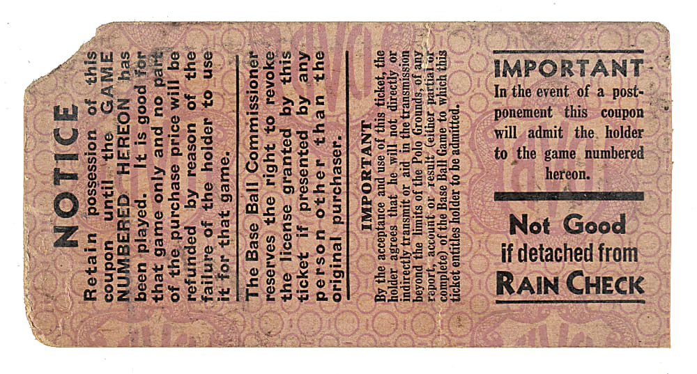 1936 New York Giants (vs. New York Yankees) World Series Game 2 Ticket Stub - Bill Dickey and Tony Lazzeri Five RBI Each