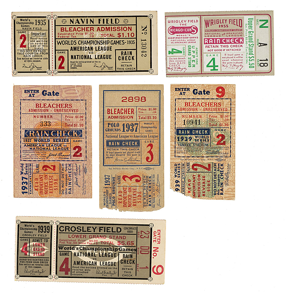 1935 to 1939 World Series Ticket Stub Collection (6) Including Hank Greenberg Home Run