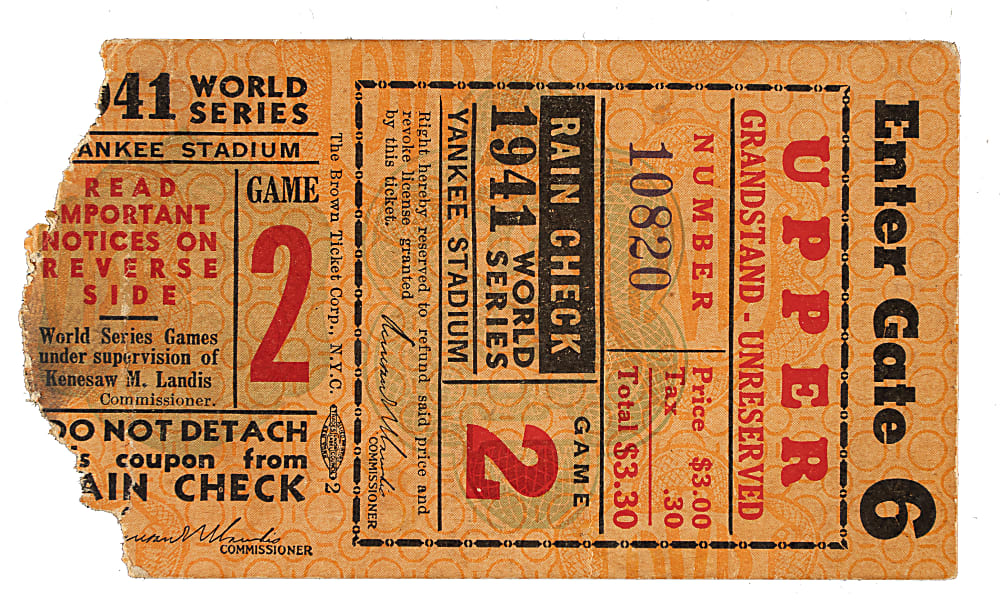 1941 New York Yankees (vs. Brooklyn Dodgers) World Series Game 2 Ticket Stub