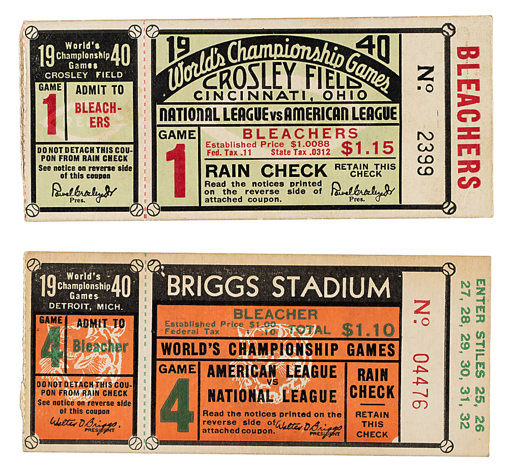 1940 Detroit Tigers vs. Cincinnati Reds World Series Game 1 and 4 Ticket Stub Pair
