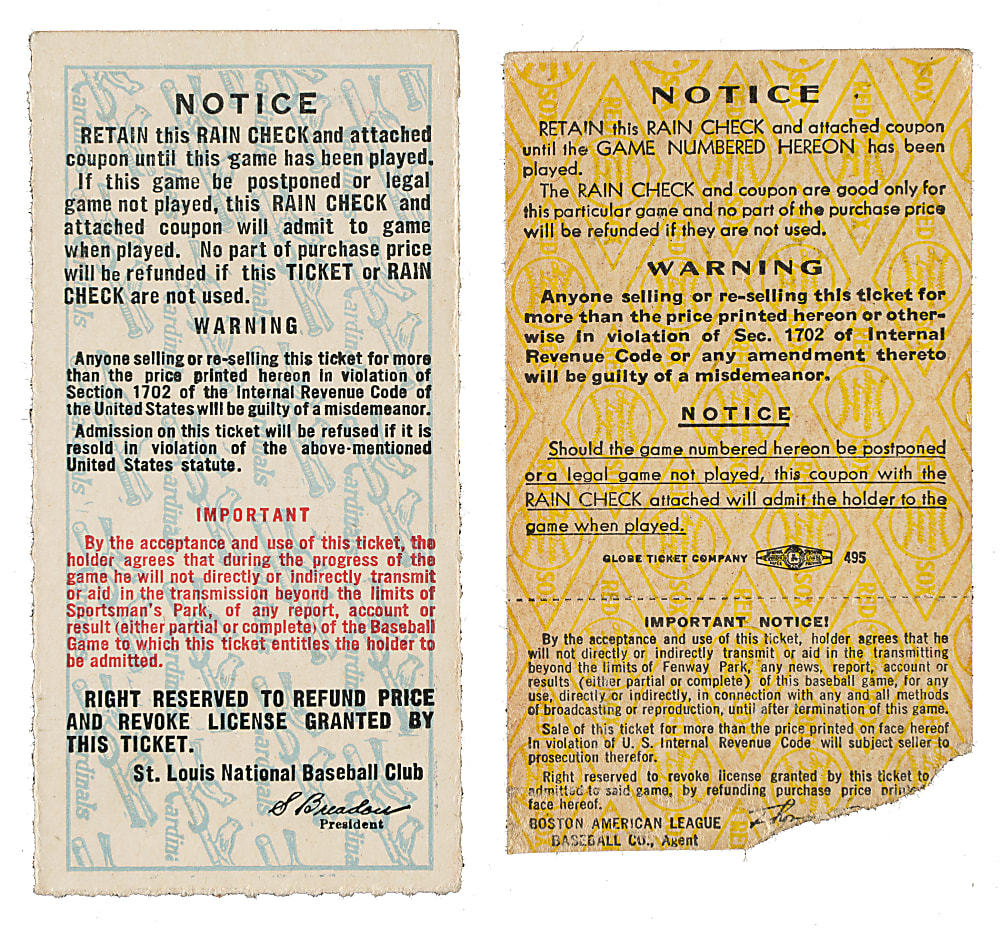 1946 Boston Red Sox vs. St. Louis Cardinals World Series Game 2 and 3 Ticket Stub Pair