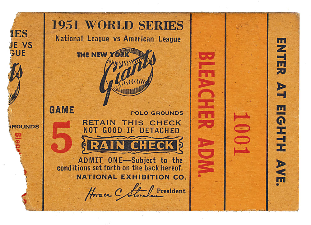 1951 New York Giants (vs. New York Yankees) World Series Game 5 Ticket Stub - Mickey Mantle's First World Series