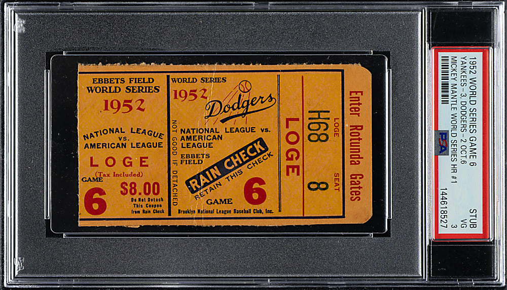 1952 Brooklyn Dodgers (vs. New York Yankees) World Series Game 6 Ticket Stub PSA VG 3 - Mickey Mantle First World Series Home Run