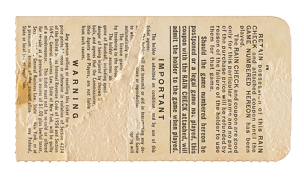 1956 Brooklyn Dodgers (vs. New York Yankees) World Series Game 1 Ticket Stub - Mickey Mantle Home Run