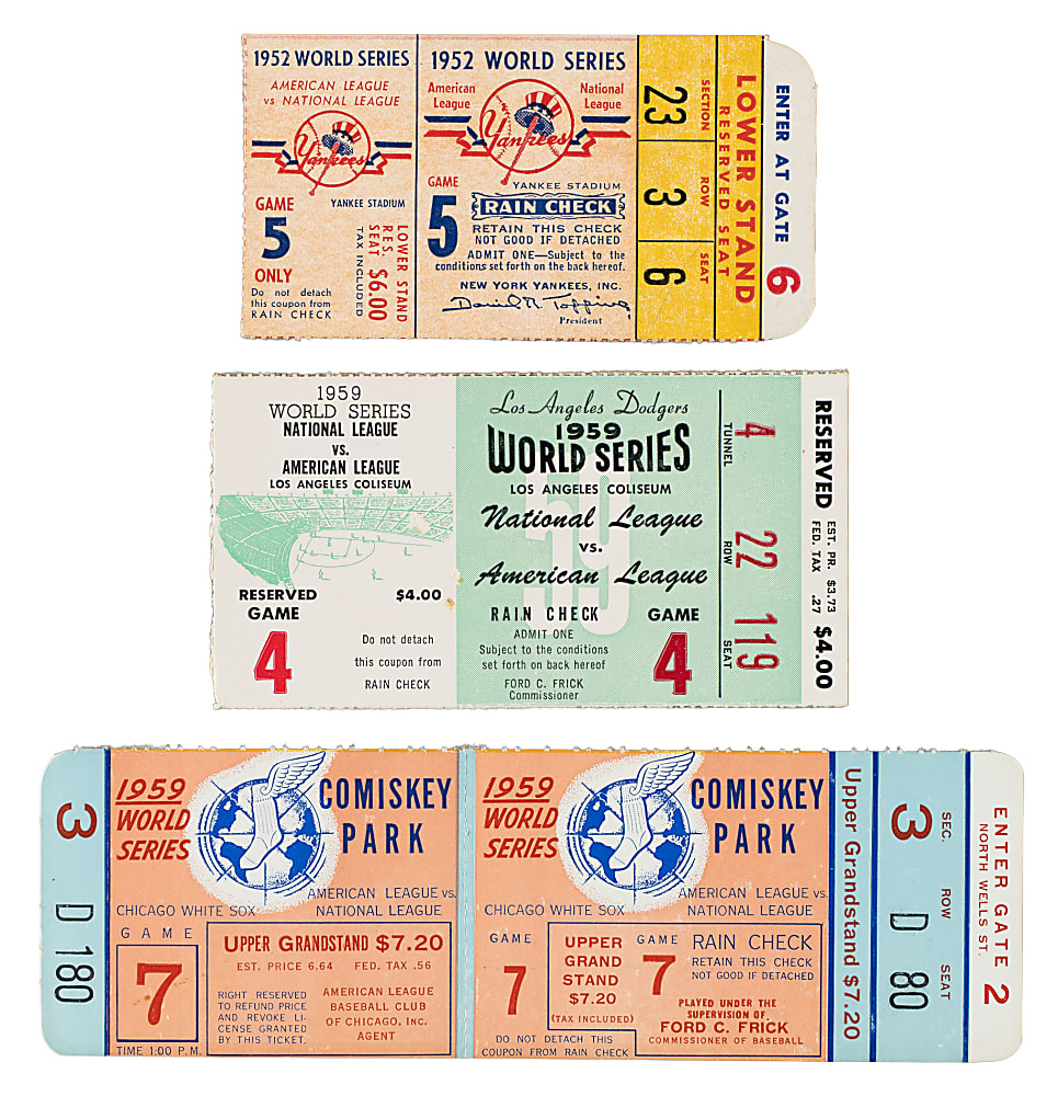1952 and 1959 World Series Ticket Stub and Full Ticket Trio