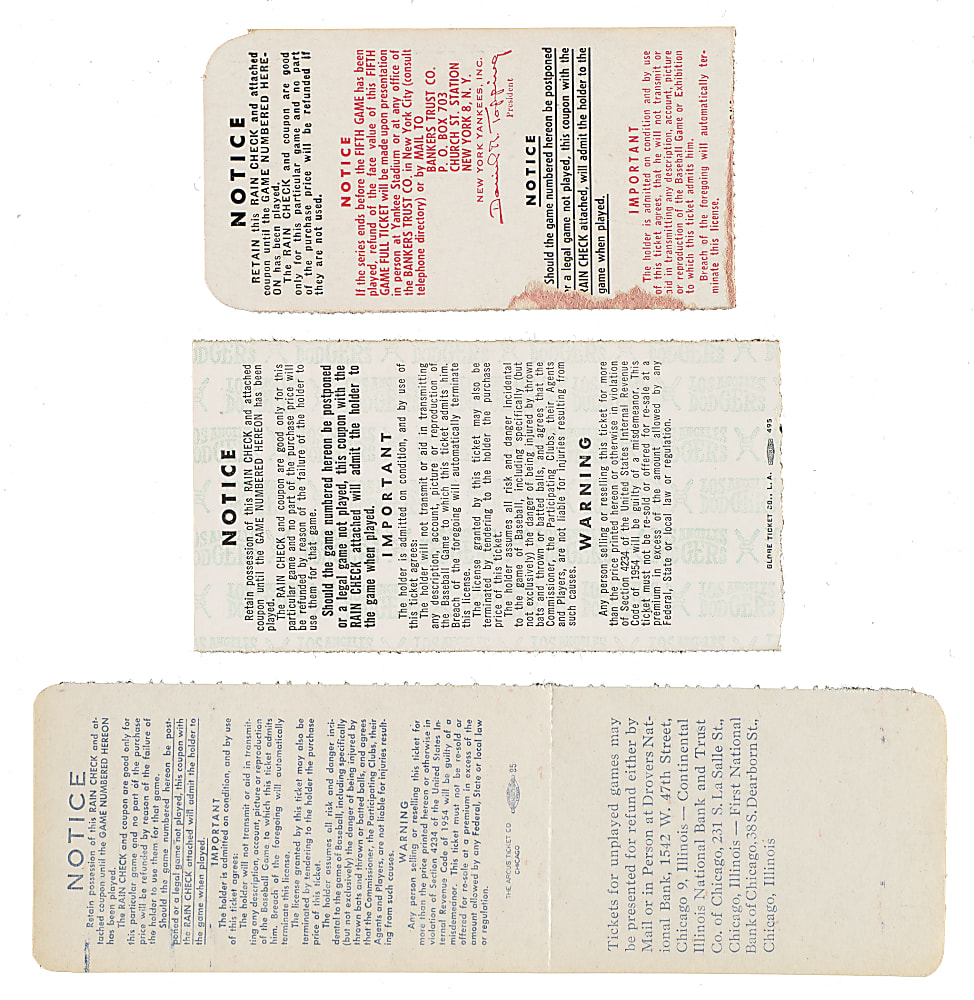 1952 and 1959 World Series Ticket Stub and Full Ticket Trio