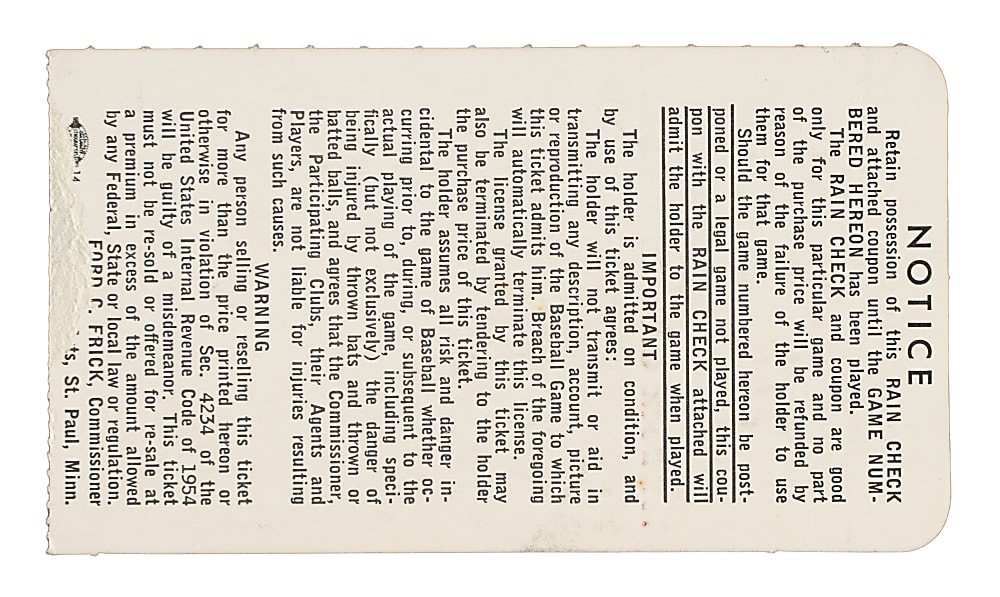 1965 Minnesota Twins (vs. Los Angeles Dodgers) World Series Game 1 Ticket Stub - Sandy Koufax Sits Out for Yom Kippur