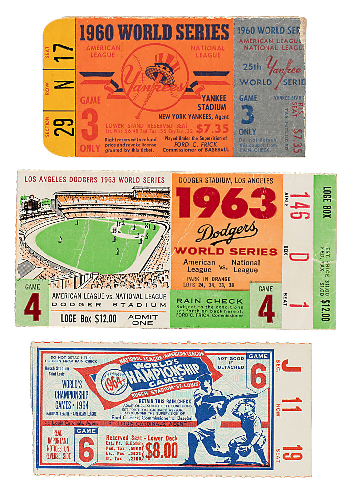 1960 to 1964 World Series Ticket Stub Trio - Mickey Mantle Home Runs and Sandy Koufax Win