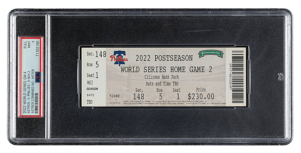 2022 Philadelphia Phillies (vs. Houston Astros) World Series Game 4 Full Ticket PSA MINT 9 - Astros Combined No-Hitter