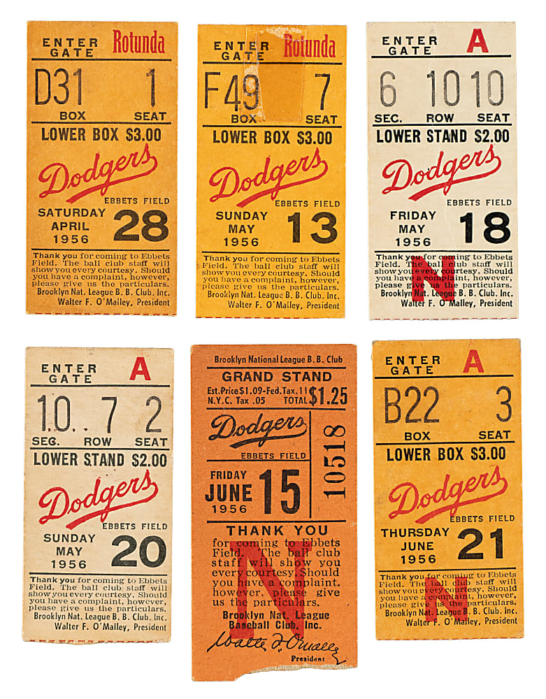 1956 Brooklyn Dodgers Ebbets Field Ticket Stub Collection (15) - All Games Featuring Jackie Robinson!
