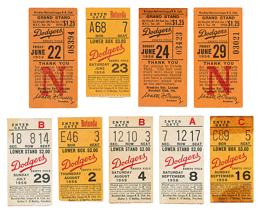 1956 Brooklyn Dodgers Ebbets Field Ticket Stub Collection (15) - All Games Featuring Jackie Robinson!