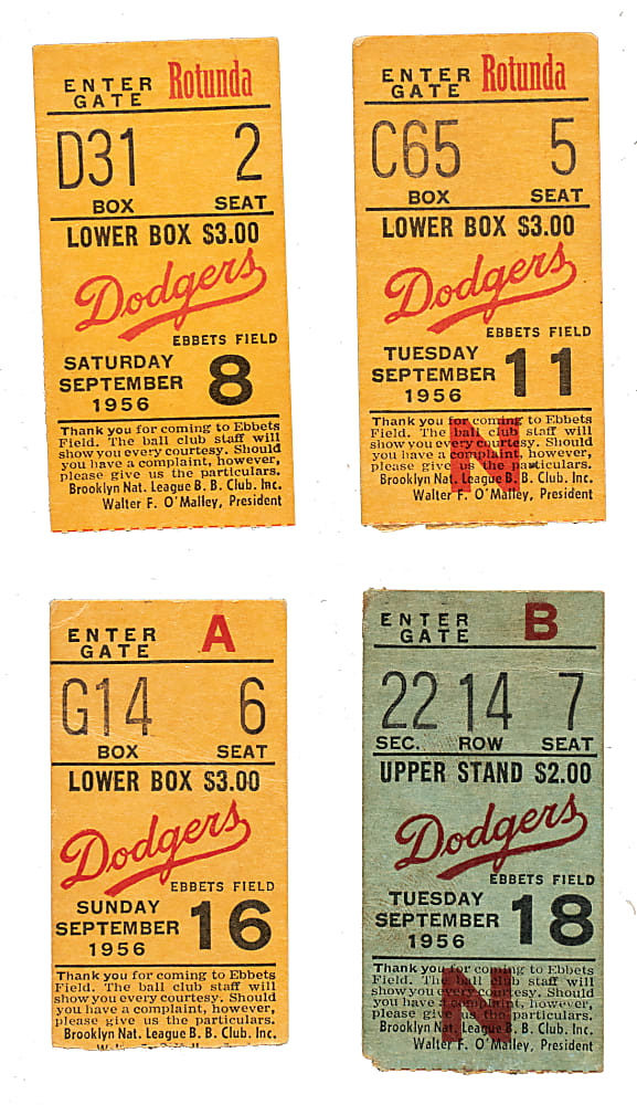 1956 Brooklyn Dodgers Ebbets Field Ticket Stub Collection (10) - All Games Featuring Jackie Robinson!