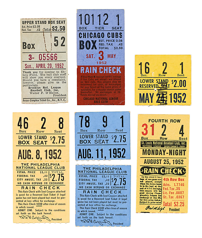 1952 Brooklyn Dodgers Road-Game Ticket Stub Collection (10) - All Games Featuring Jackie Robinson!