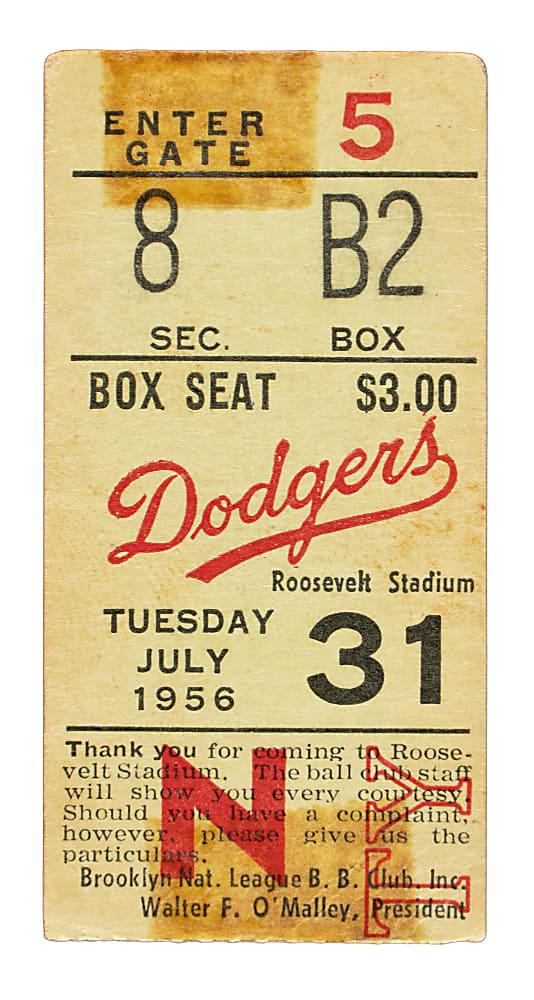 July 31, 1956 Brooklyn Dodgers (vs. Milwaukee Braves) Ticket Stub - Game Played In Jersey City and Jackie Robinson Walk-Off